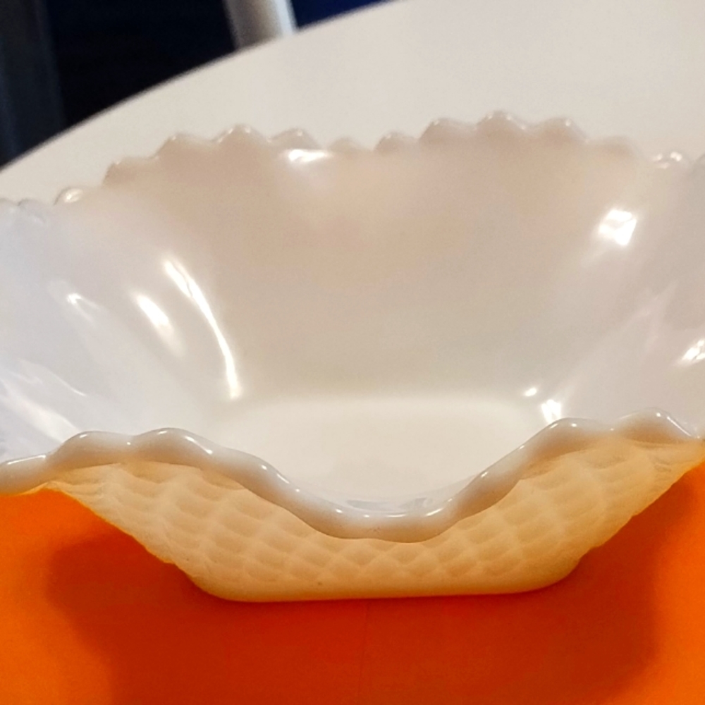 Vintage 6” Hobnail Diamond Cut Hazel Atlas Square Milk Glass Candy Dish